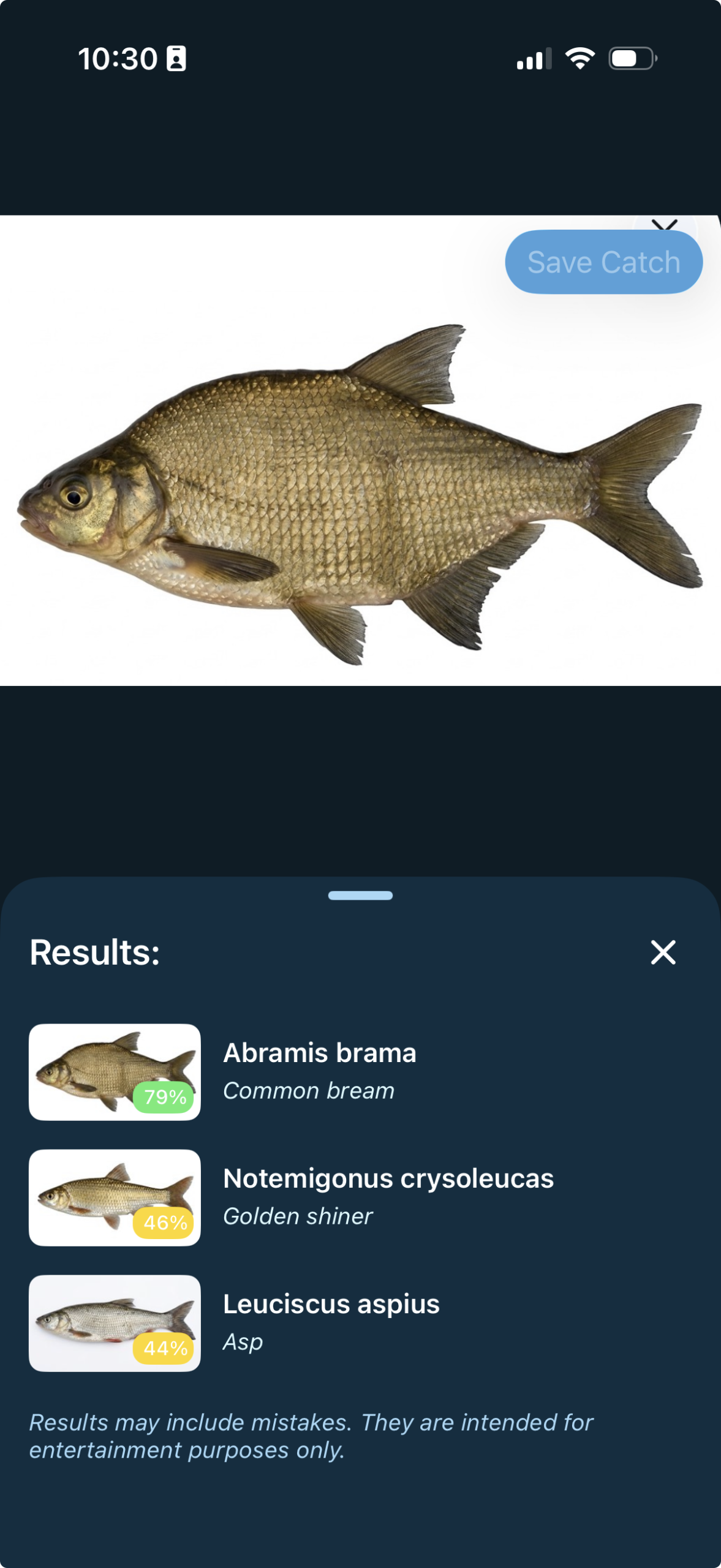 Fish Identify results in Fishing Calendar App showing ranked species matches with confidence scores